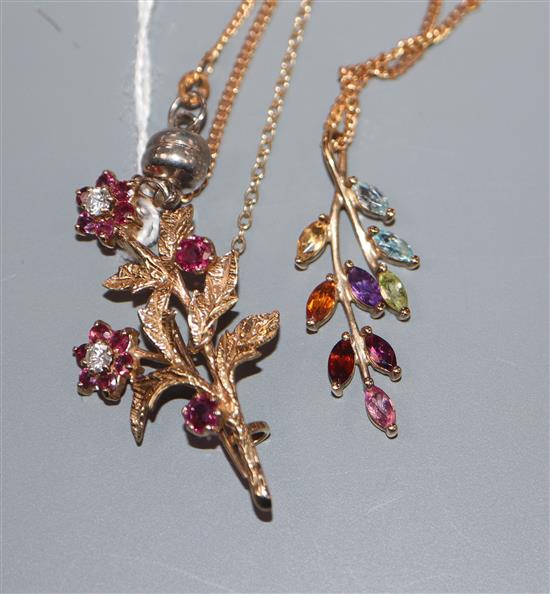 A 9ct gold, ruby and diamond set floral spray brooch and a 9ct gold and gem set pendant on a 9ct gold chain, brooch 37mm.